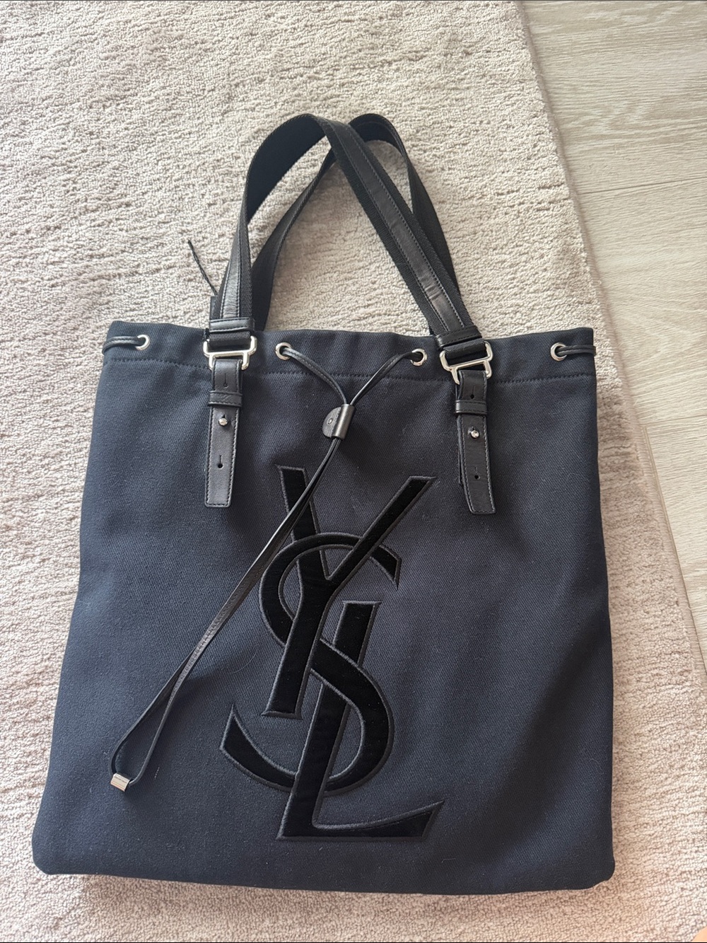 Saint Laurent Black Canvas YSL Logo Messenger Tote